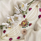 Vriksham Lakshmi With Lotus Kundan Jadau Sheeshphool-Red Green-Green Bead-J2777